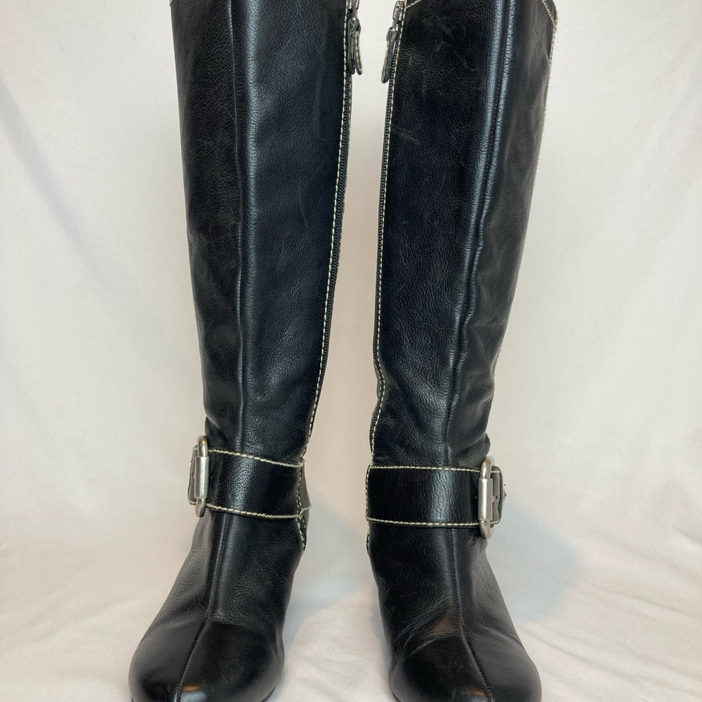 Fossil Black Leather with Buckle Wedge Heeled Boots